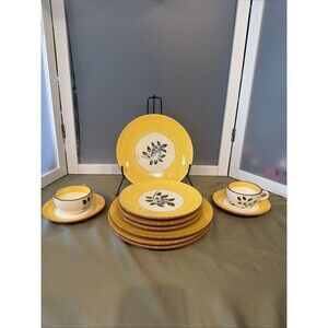 Vintage Stangl Pottery Blueberry Dinnerware Set 11 Pcs Yellow Hand Painted As Is